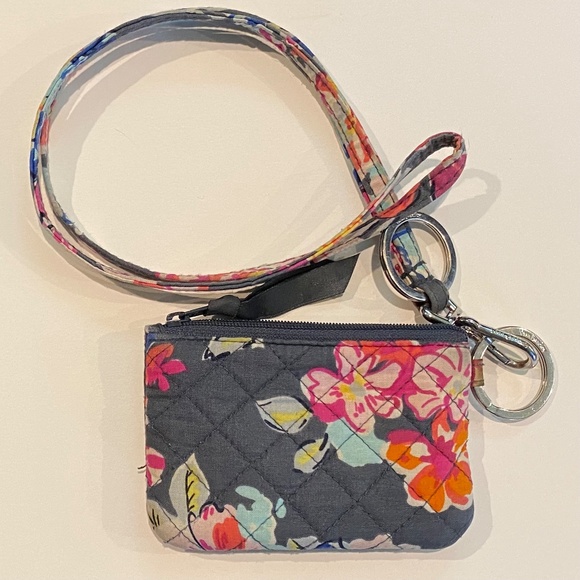 Vera Bradley Key Ring Lanyard Coin Card ID Window Zipper Navy Blue Floral Wallet - Picture 2 of 8